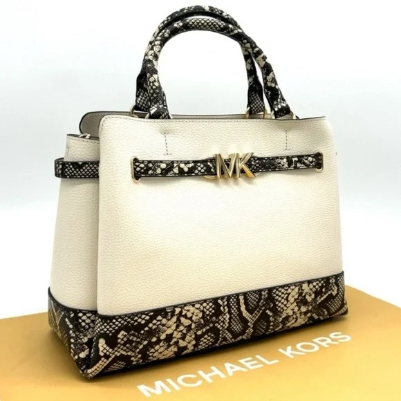 Michael Kors Reed Large Belted Satchel Crossbody Bag Light Cream Snakeskin - Picture 3 of 11